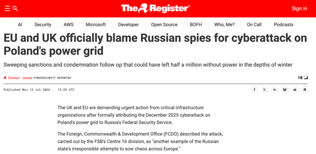 Figure 1 UK and EU formally attribute December’s cyber-attack against Polands energy grid to Russian actors