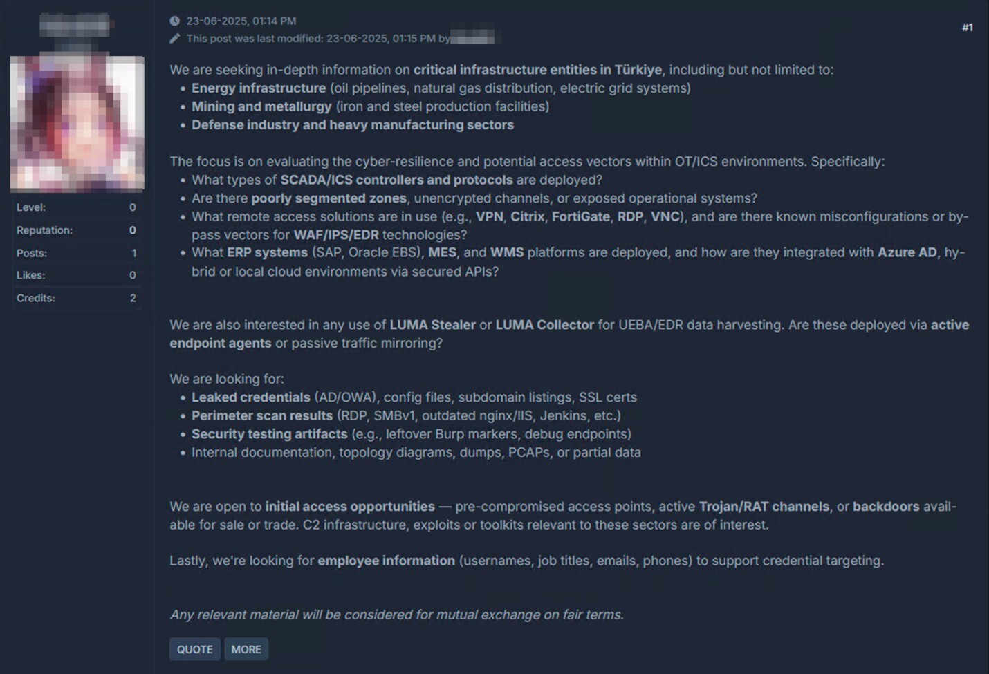 Figure 1. A threat actor on a dark web forum is looking for information on critical infrastructure entities including the energy sector.
