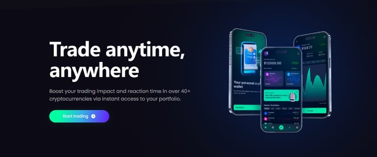 Figure 1. Crypto‐trading promotional interface styled with mobile dashboards and a “Start trading” button.