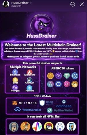 Figure 10. Multichain drainer advertisement promoting 100+ wallet support and NFT extraction capabilities.