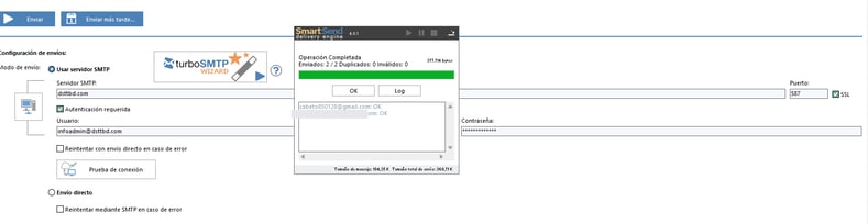 Figure 10. SendBlaster configured with an SMTP relay and showing a completed test send