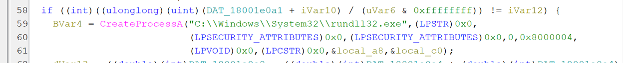 Figure 10. ValleyRAT creates a suspended rundll32.exe process via CreateProcessA().