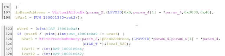Figure 11. Decryption of the ValleyRAT payload via VirtualAllocEx() and WriteProcessMemory() APIs.