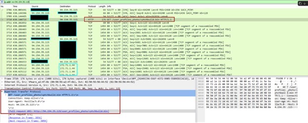 Figure 11. HTTP traffic showing the malware downloading cptchbuild.bin (186 KB) from the C2 server.