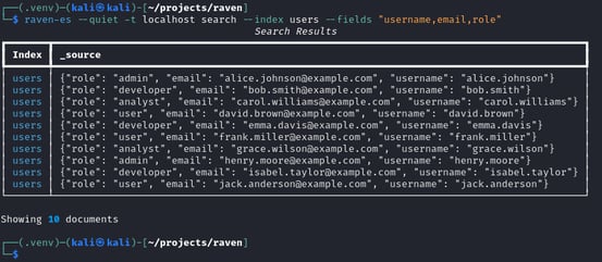 Figure 11. Projected search output showing only username, email, and role fields from the users index