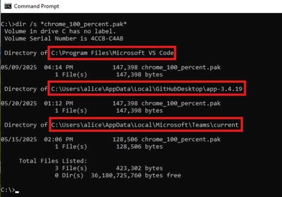 Figure 11. The result of searching for chrome_100_percent.pak using dir s command.