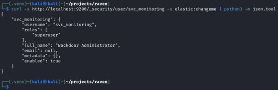 Figure 11. Verification showing svc_monitoring exists with superuser role, indistinguishable from legitimate service accounts