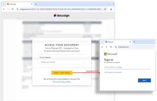 Figure 13. Phishing landing page impersonating DocuSign, prompting victims to enter an email address and then redirecting to a fake Microsoft login portal