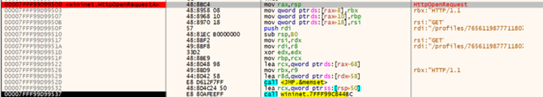 Figure 14. Calls HttpOpenRequestA to construct an HTTP request