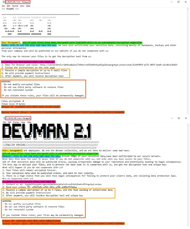 Figure 14. Striking similarities between Vect and Devman ransomware notes