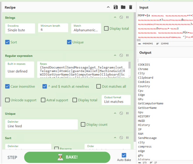Figure 14. String extraction from memory dump revealing browser targeting and data theft capabilities.