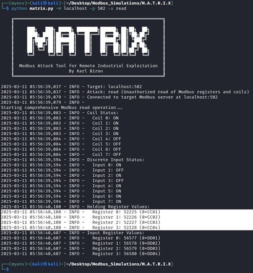 Figure 15 Checking the initial holding register values using the MATRIX read module