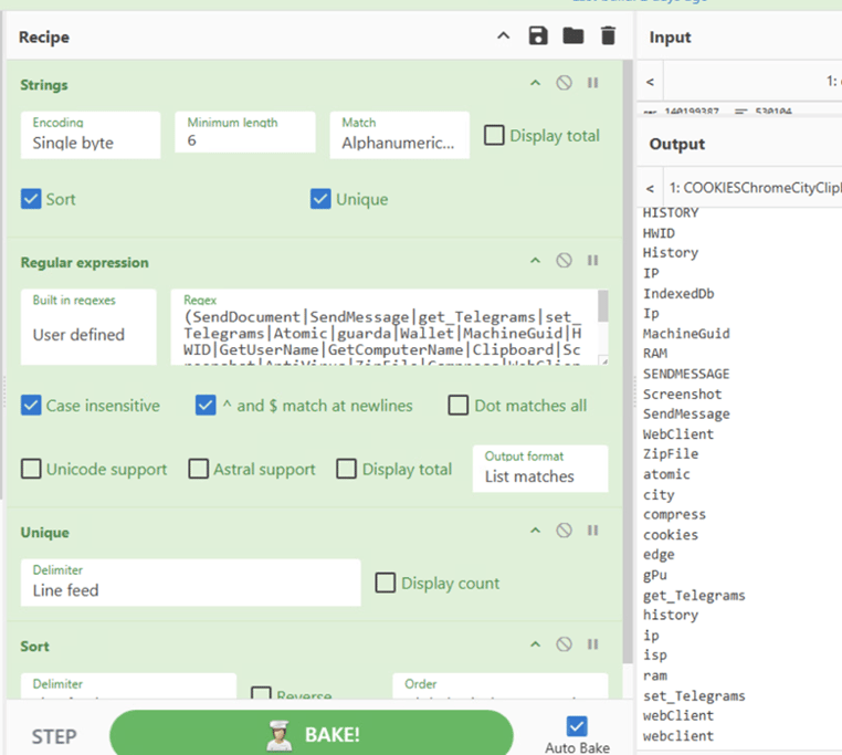 Figure 15. Additional strings showing Telegram exfiltration functions, crypto wallet targeting, and system fingerprinting.