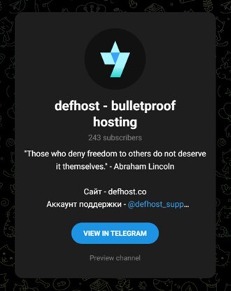 Figure 15. Bulletproof hosting Telegram channel