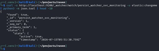 Figure 15. Watcher definition verified on the server, showing active status and trigger configuration