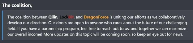 Figure 16. A post announcing the formation of a coalition between Qilin, LockBit, and DragonForce