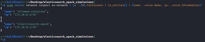 Figure 16. IP range confirmation of the `allowed` container via `docker network` command