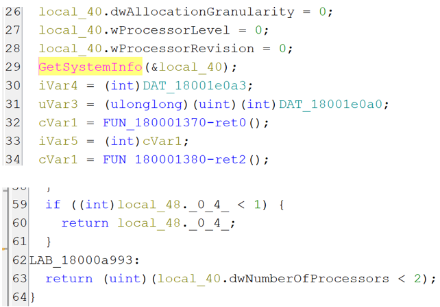 Figure 16. The malware checks the number of available processors via the GetSystemInfo() API.