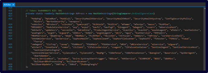 Figure 17. Embedded list of antivirus and EDR process names targeted by the AVKiller module, demonstrating support for disabling or interfering with numerous commercial security products.