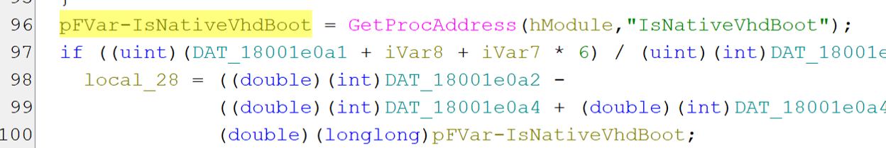 Figure 17. The malware checks the return value of IsNativeVhdBoot().