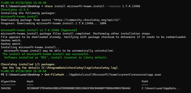 Figure 18. Verifying that the locally obtained Teams ASAR matches the version present on the victim machine