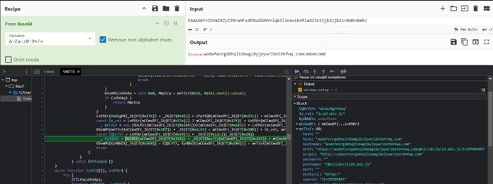 Figure 19. Decoded Base64 configuration revealing the attacker‐controlled domain referenced by the on‐chain Solana account.