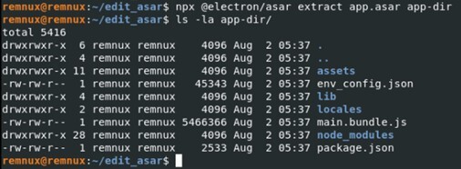 Figure 19. Extracting the ASAR file using the NPX command and Electron ASAR module
