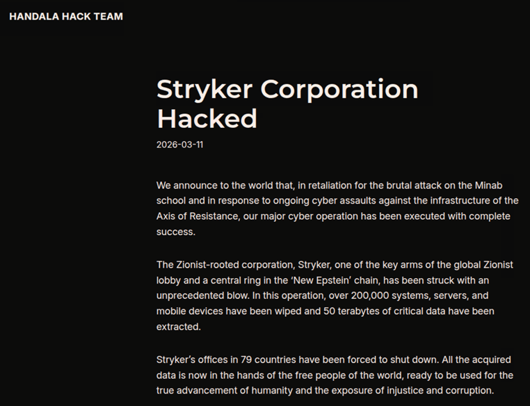 Figure 2 Handala’s claims on hacking Stryker Corporation