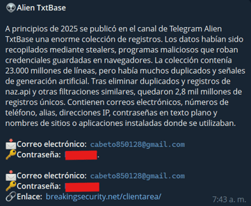 Figure 2. A lookup against the ALIEN TXTBASE collection returning two credential entries for the email address, with passwords redacted