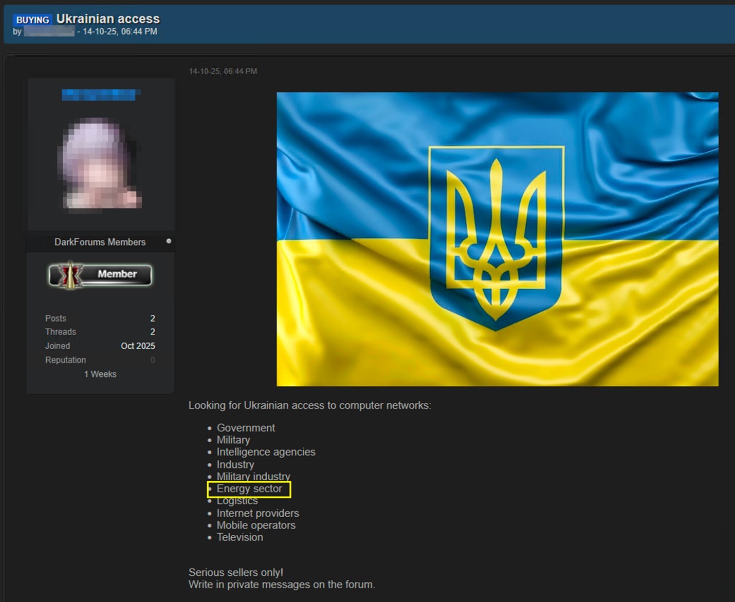 Figure 2. A threat actor is looking for energy sector network access for potential attacks.