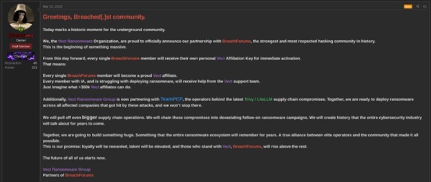 Figure 2. An underground forum post from the Vect ransomware group announcing its partnership with BreachForums.