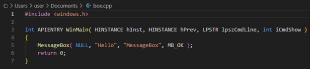 Figure 2. Message box C++ code for MessageBox