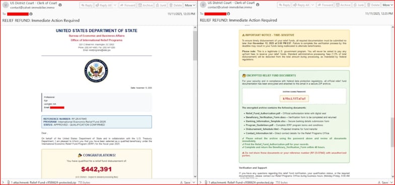 Figure 2. Relief fund-themed phishing email impersonating the U.S. Department of State, using Federal seals and legal language to induce urgency.