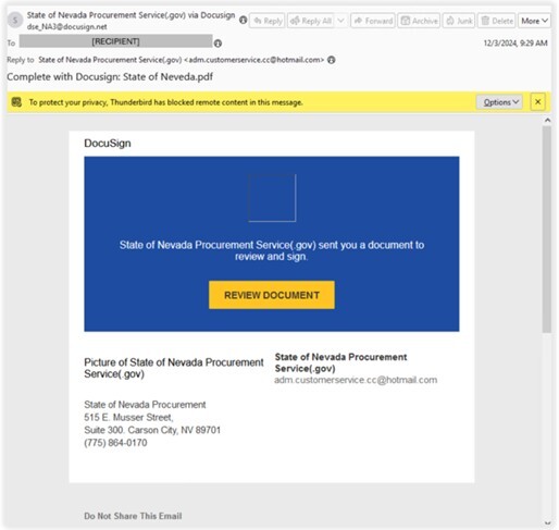 Figure 21. A “Review Document” phishing email delivered via DocuSign, impersonating the State of Nevada’s procurement office.