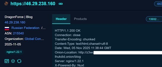 Figure 22. DragonForce’s Onion blog FOFA search results.
