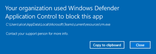 Figure 24. WDAC error message for running a non-trusted app