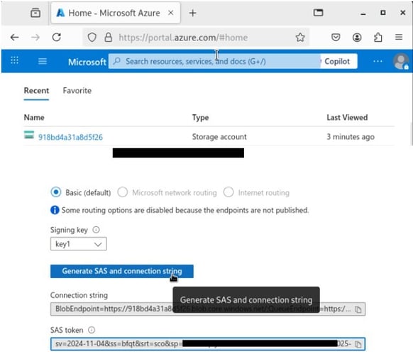 Figure 25. The creation of a storage account, SAS token 1