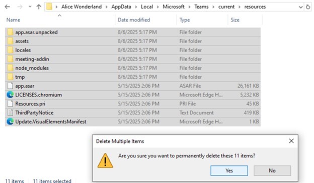 Figure 27. Deleting original Teams files in the resources folder.