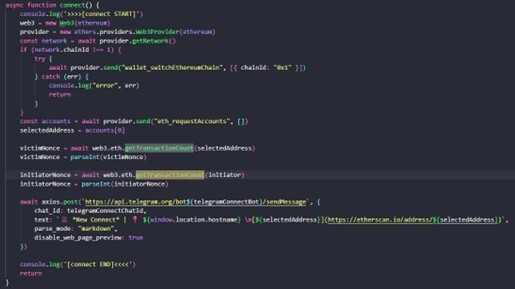 Figure 29. connect() function snippet showing wallet connection and nonce retrieval.