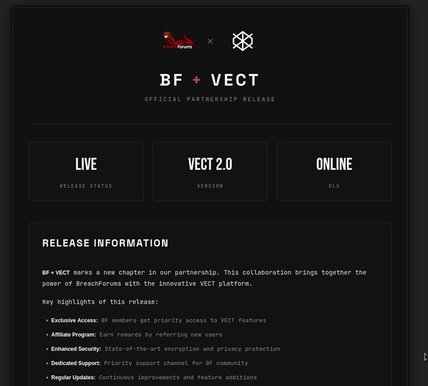 Figure 3. BreachForums partnership announcement on Vect’s leak site