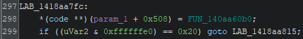 Figure 3. Ghidra Decompiler view inside the unpatched sub_1418AA200 function showing unfiltered execution data flowing directly to the shared pointer slot at offset +0x508